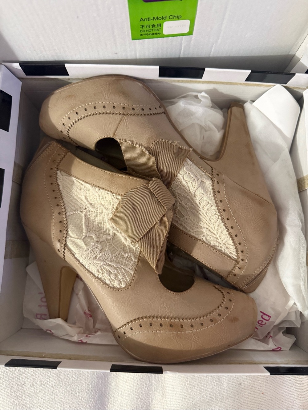 Not Rated Taupe Lace and Bow Women's Heels